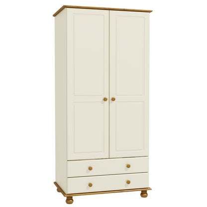 Cream and Pine Painted 2 Door Double Wardrobe with Drawers - Hamilton
