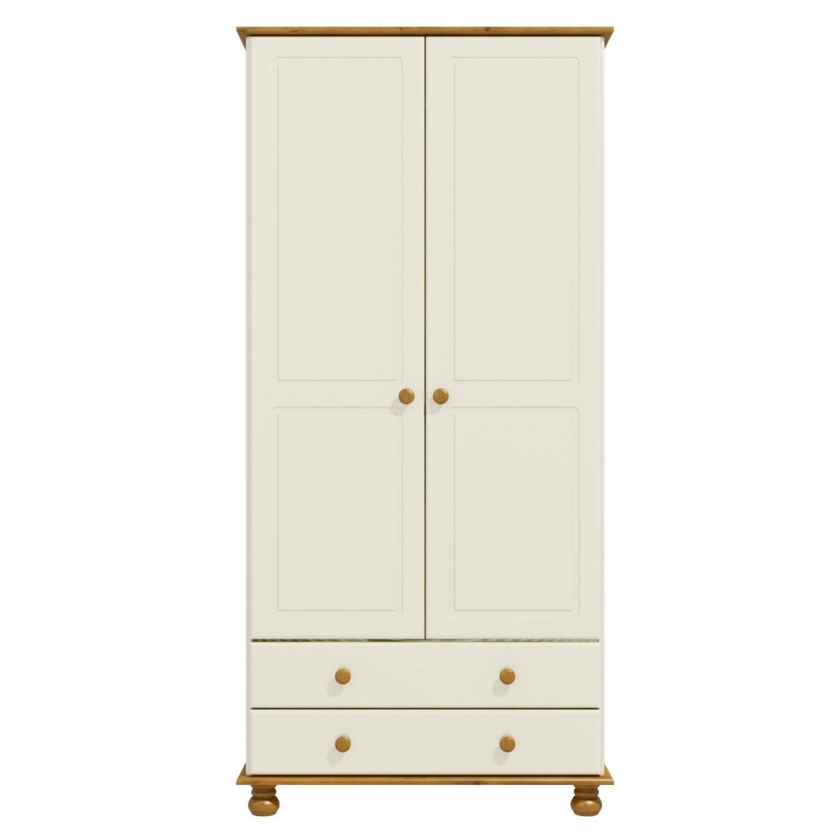 Cream and Pine Painted 2 Door Double Wardrobe with Drawers - Hamilton