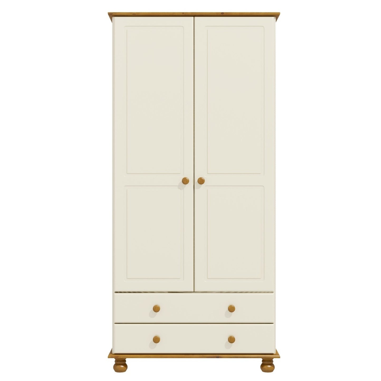 Cream and Pine Painted 2 Door Double Wardrobe with Drawers - Hamilton