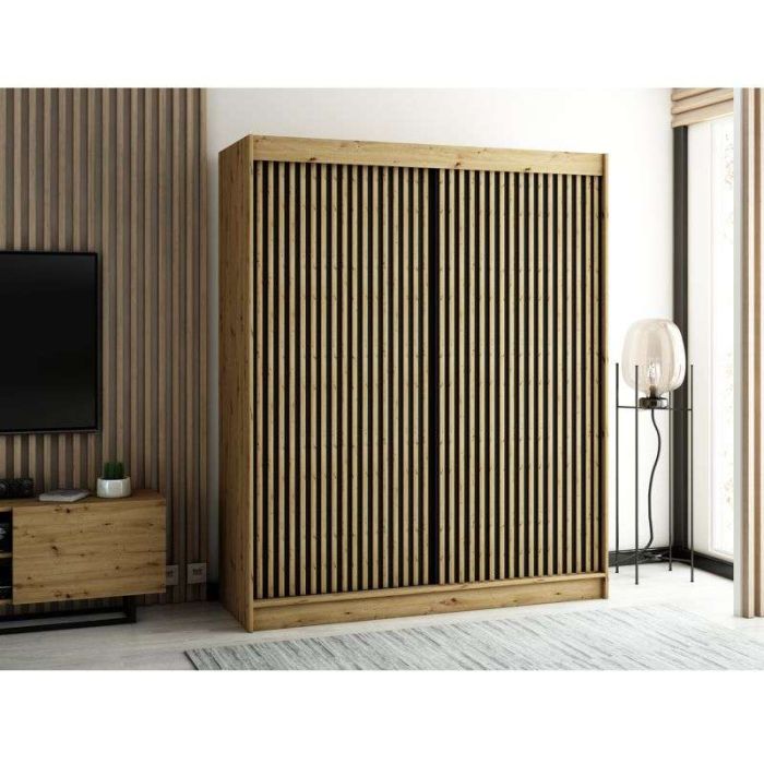 Gloucester I 180cm Sliding 2 Door Wardrobe Strips Design - Artisan Oak