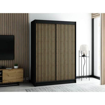 Gloucester I 150cm Sliding Door Wardrobe Strips Design - Artisan Oak, Black, White