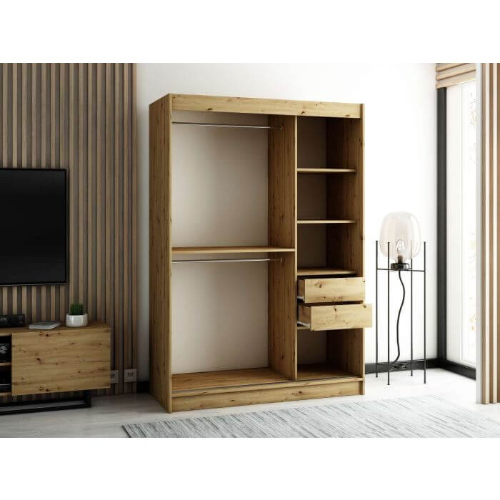 Gloucester I 150cm Sliding Door Wardrobe Strips Design - Artisan Oak, Black, White