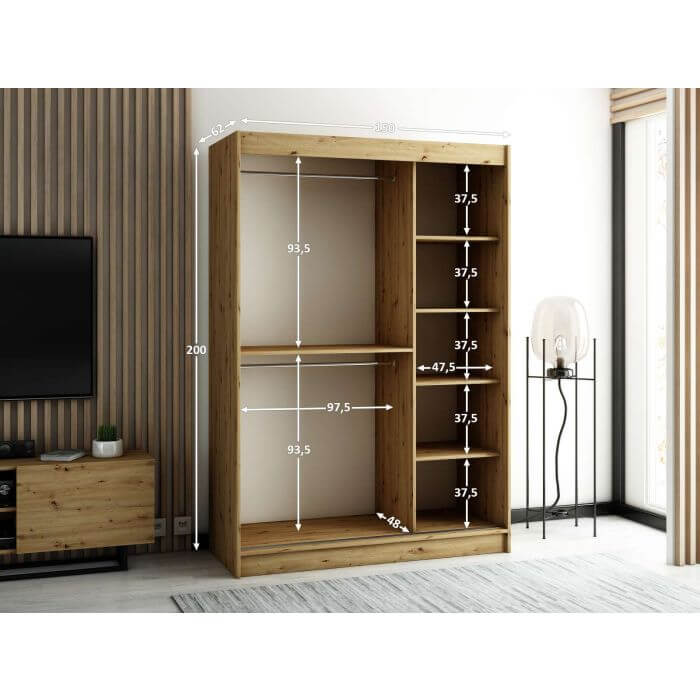 Gloucester I 150cm Sliding Door Wardrobe Strips Design - Artisan Oak, Black, White