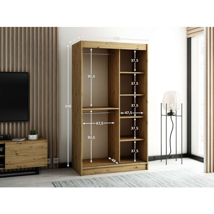 Gloucester 120cm Sliding Door Wardrobe Strips Design - Artisan Oak, Black, White