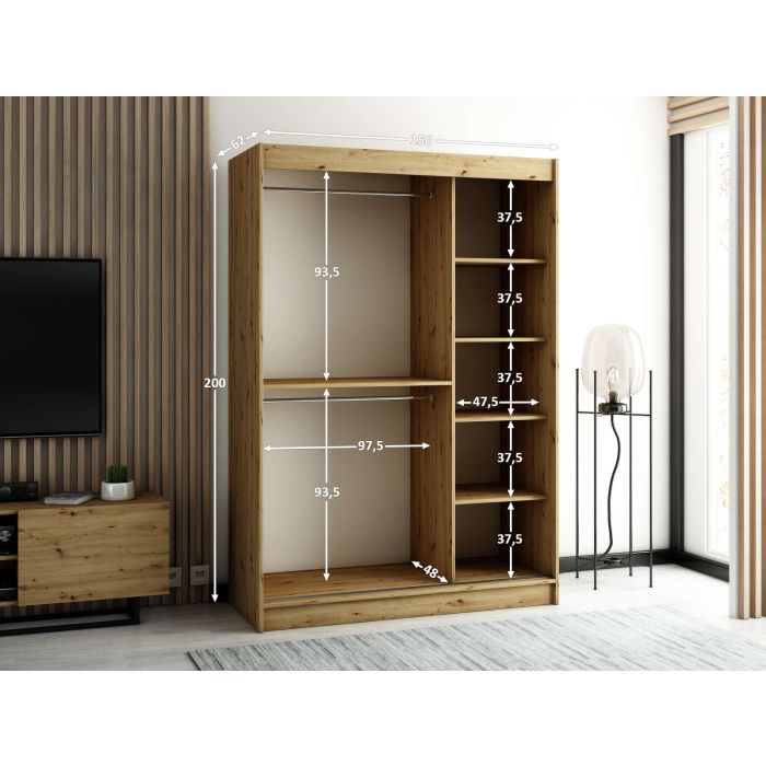Gloucester 150cm Sliding Door Wardrobe Strips Design - Artisan Oak, Black, White