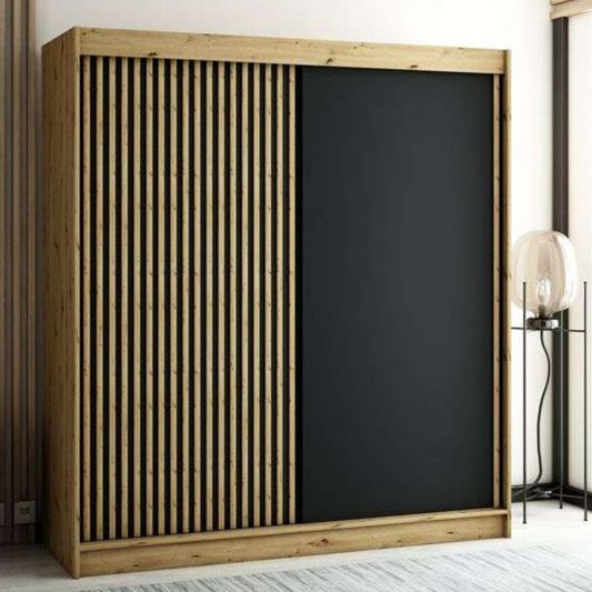 Gloucester 200cm  Sliding Door Wardrobe Strips Design -  Artisan Oak, Black, White