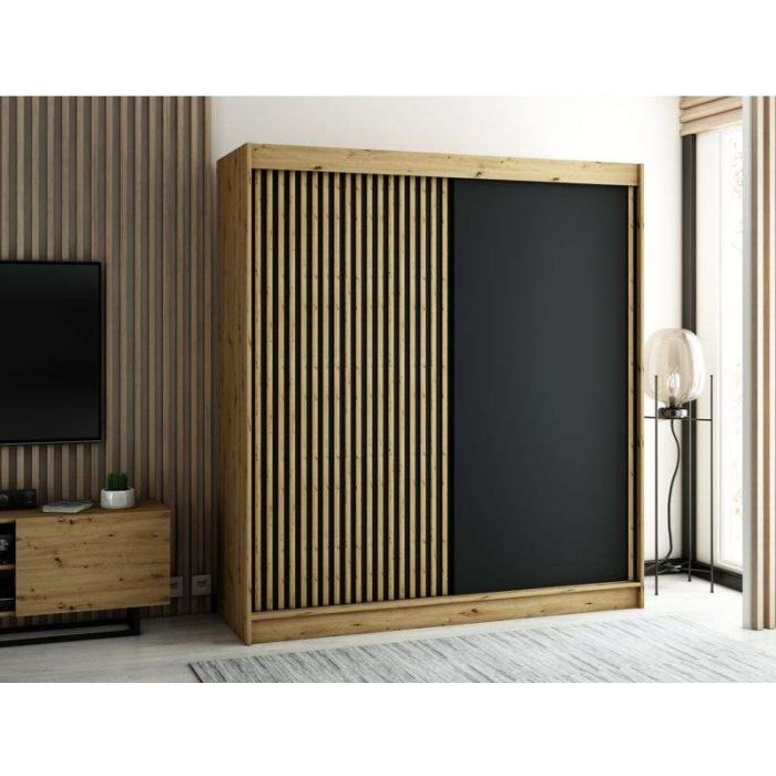 Gloucester 200cm  Sliding Door Wardrobe Strips Design -  Artisan Oak, Black, White