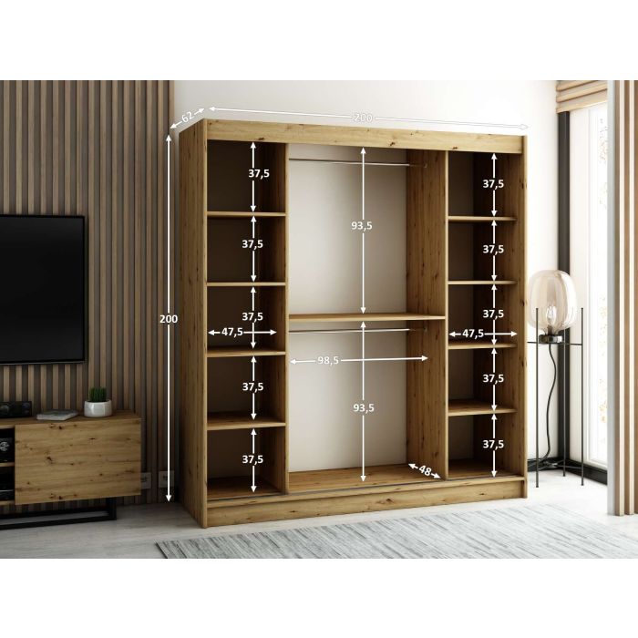 Gloucester 200cm  Sliding Door Wardrobe Strips Design - White, Black, Artisan Oak