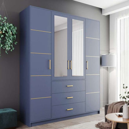 Barnsley Blue Mirrored 4-Door Hinged Wardrobe with Drawers | Contemporary Storage Solution | Furco