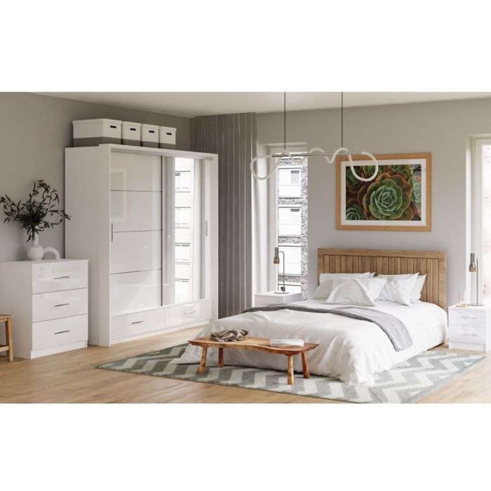 Warrington Sliding Bedroom Set with 208cm Wardrobe, Bedside and Chest - Black, Grey, White