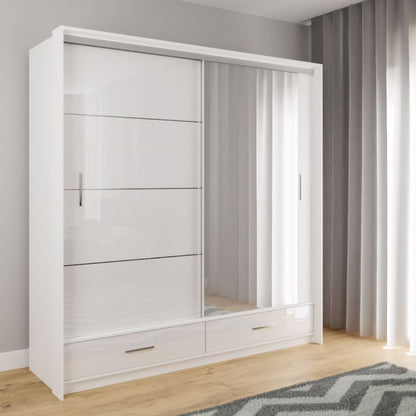 Warrington Sliding Bedroom Set with 208cm Wardrobe, Bedside and Chest - Black, Grey, White