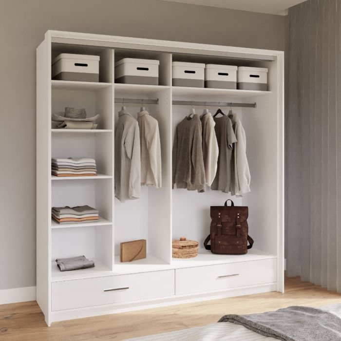 Warrington Sliding Bedroom Set with 208cm Wardrobe, Bedside and Chest - Black, Grey, White