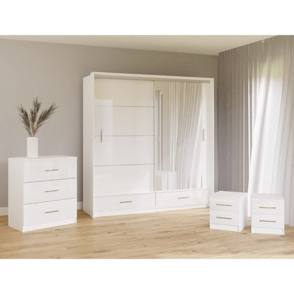 Warrington Sliding Bedroom Set with 208cm Wardrobe, Bedside and Chest - White, Grey, Black