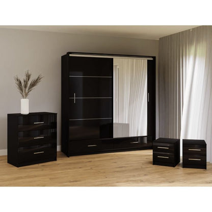 Warrington Sliding Bedroom Set with 208cm Wardrobe, Bedside and Chest - Black, Grey, White