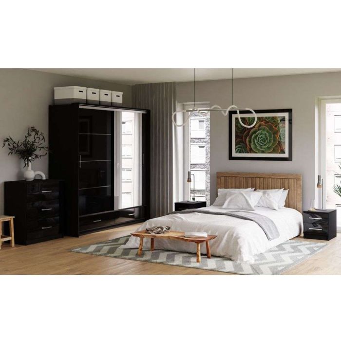 Warrington Bedroom Set with 208cm Wardrobe, Bedside and Chest - Grey, White, Black