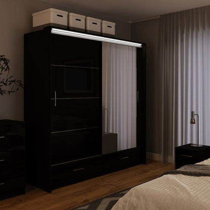 Warrington Sliding Bedroom Set with 208cm Wardrobe, Bedside and Chest - Black, Grey, White