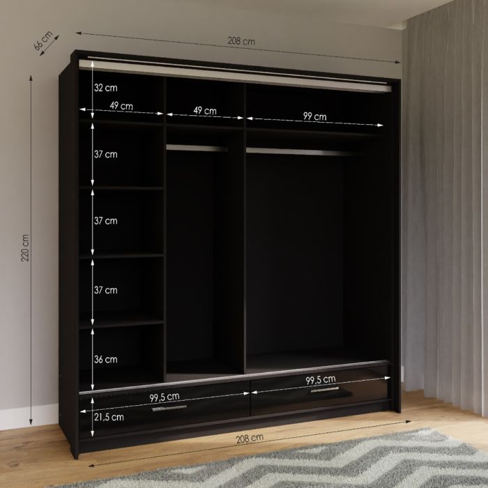 Warrington Sliding Bedroom Set with 208cm Wardrobe, Bedside and Chest - Black, Grey, White