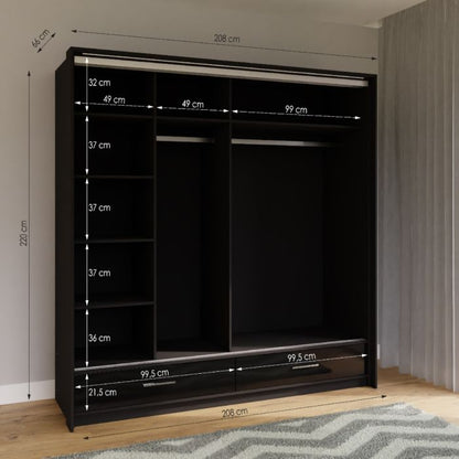 Warrington Sliding Bedroom Set with 208cm Wardrobe, Bedside and Chest - Black, Grey, White