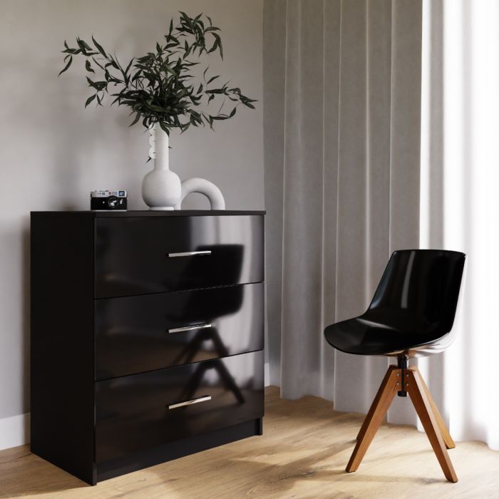 Warrington Sliding Bedroom Set with 208cm Wardrobe, Bedside and Chest - Black, Grey, White