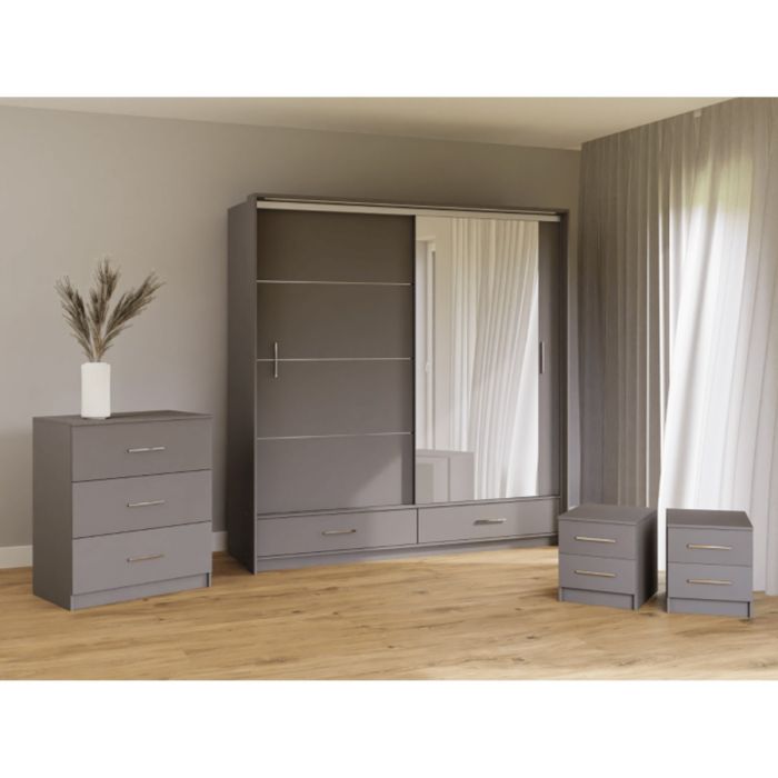 Warrington Sliding Bedroom Set with 208cm Wardrobe, Bedside and Chest - Black, Grey, White