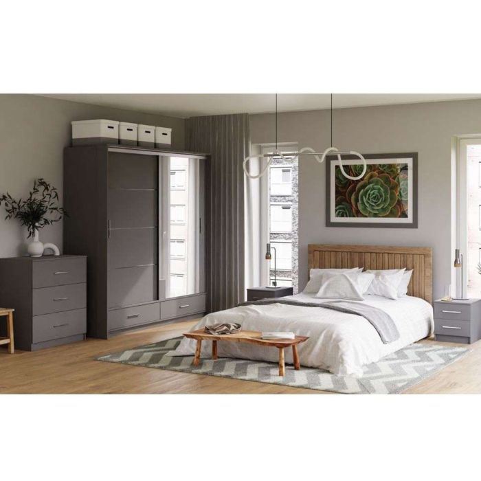 Warrington Sliding Bedroom Set with 208cm Wardrobe, Bedside and Chest - Black, Grey, White