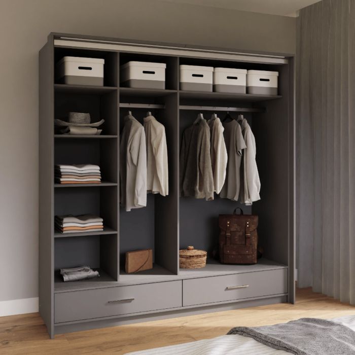 Warrington Sliding Bedroom Set with 208cm Wardrobe, Bedside and Chest - White, Grey, Black