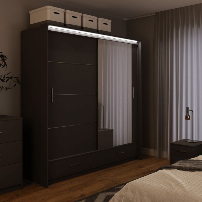 Warrington Sliding Bedroom Set with 208cm Wardrobe, Bedside and Chest - White, Grey, Black