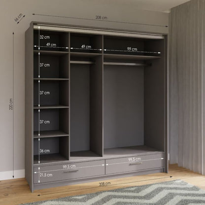 Warrington Sliding Bedroom Set with 208cm Wardrobe, Bedside and Chest - Black, Grey, White