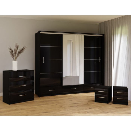 Warrington Sliding Bedroom Set Large 250cm Wardrobe, Bedside and Chest - Black