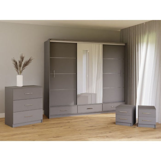 Warrington Sliding Bedroom Set Large 250cm Wardrobe, Bedside and Chest - Grey