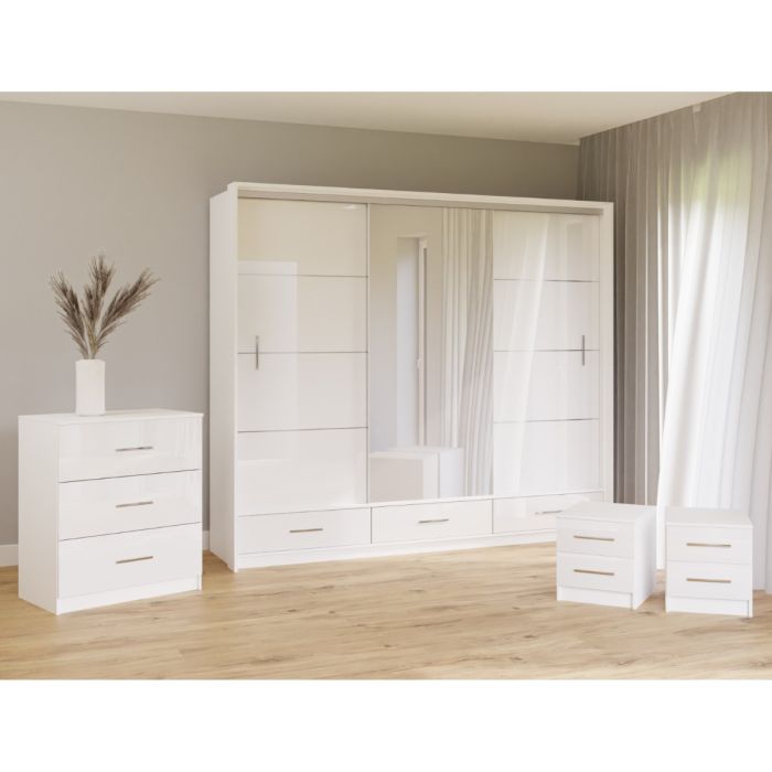 Warrington Sliding Bedroom Set Large 250cm Wardrobe, Bedside and Chest - White