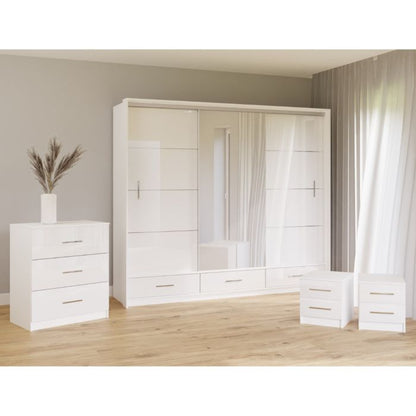 Warrington Sliding Bedroom Set Large 250cm Wardrobe, Bedside and Chest - White