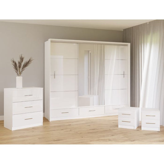 Warrington Sliding Bedroom Set Large 250cm Wardrobe, Bedside and Chest - White