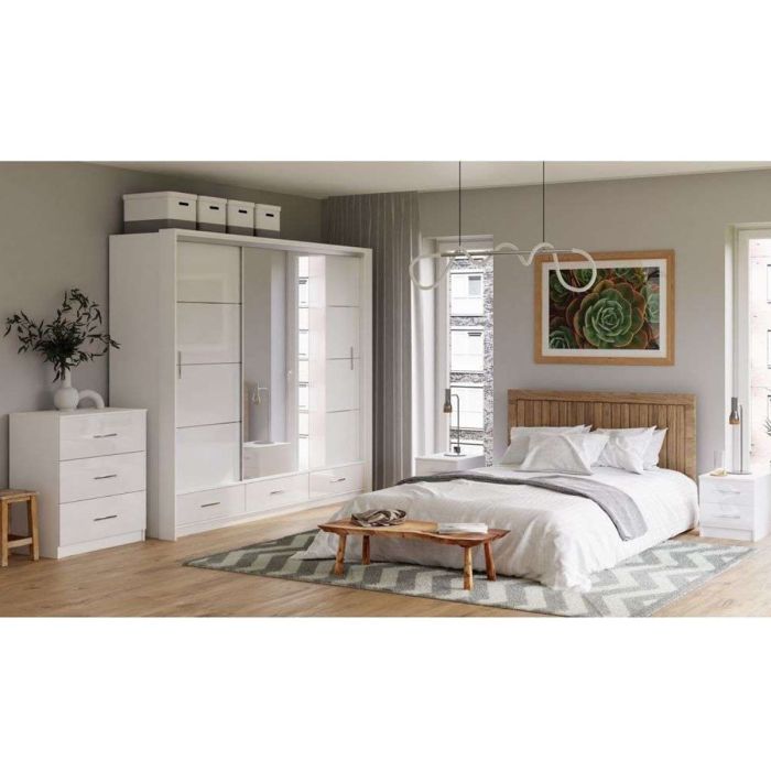 Warrington Sliding Bedroom Set Large 250cm Wardrobe, Bedside and Chest - White