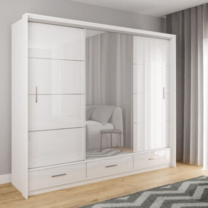 Warrington Sliding Bedroom Set Large 250cm Wardrobe, Bedside and Chest - White