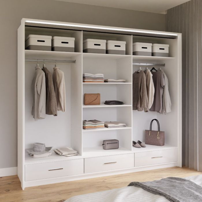 Warrington Sliding Bedroom Set Large 250cm Wardrobe, Bedside and Chest - White
