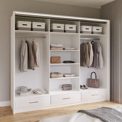 Warrington Sliding Bedroom Set Large 250cm Wardrobe, Bedside and Chest - White