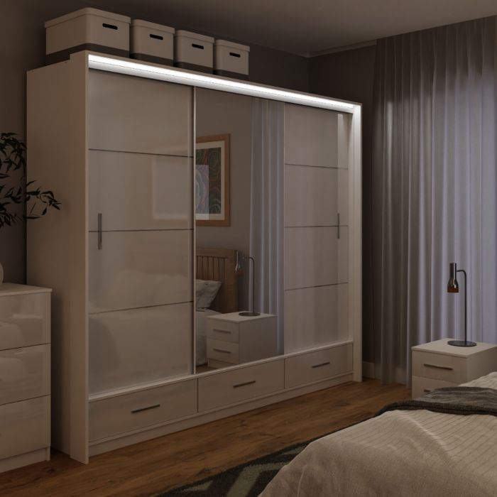 Warrington Sliding Bedroom Set Large 250cm Wardrobe, Bedside and Chest - White