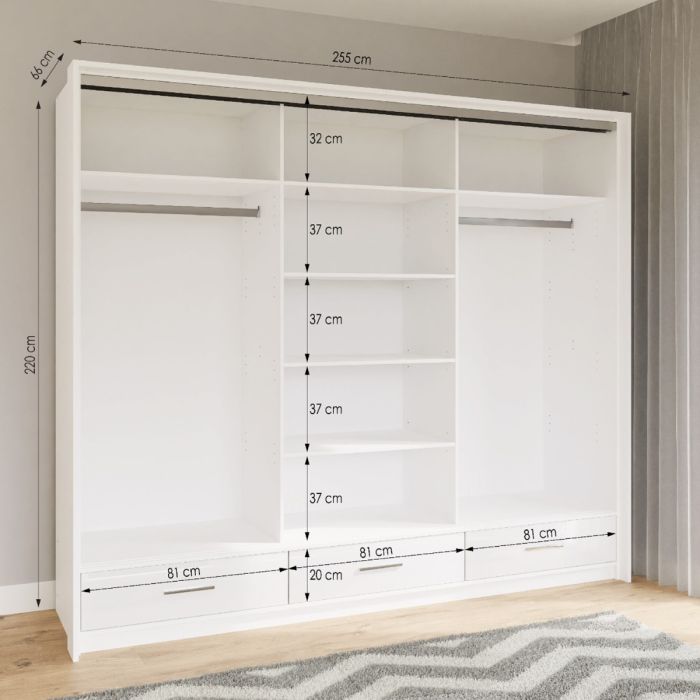 Warrington Sliding Bedroom Set Large 250cm Wardrobe, Bedside and Chest - White