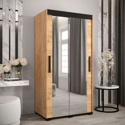 Marston Sliding 2 Door Full Mirror Wardrobe Golden Oak with Black Top - 100cm Width