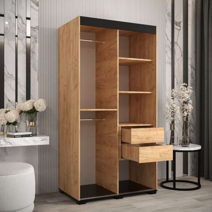 Marston Sliding 2 Door Full Mirror Wardrobe Golden Oak with Black Top - 100cm Width