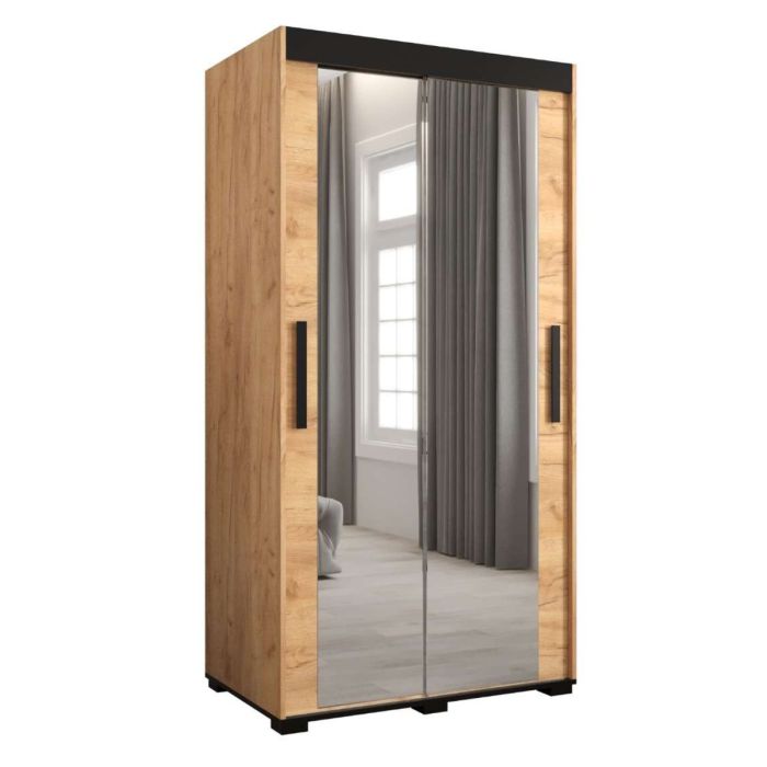 Marston Sliding 2 Door Full Mirror Wardrobe Golden Oak with Black Top - 100cm Width