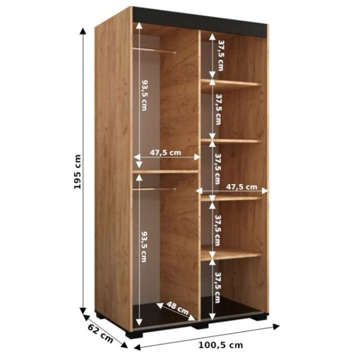 Marston Sliding 2 Door Full Mirror Wardrobe Golden Oak with Black Top - 100cm Width