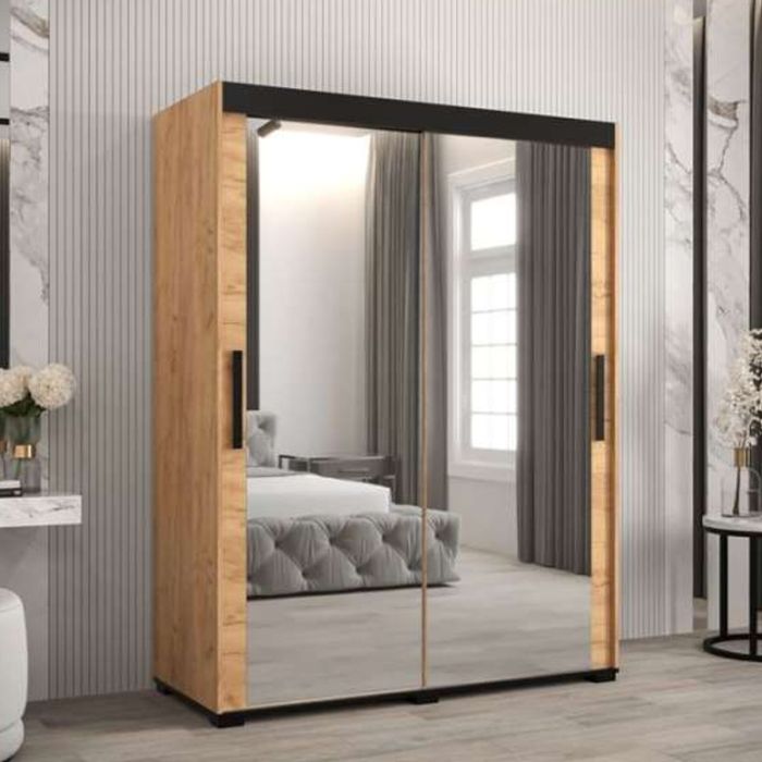 Marston Sliding 2 Door Full Mirror Wardrobe Golden with Black Top - 150cm Width