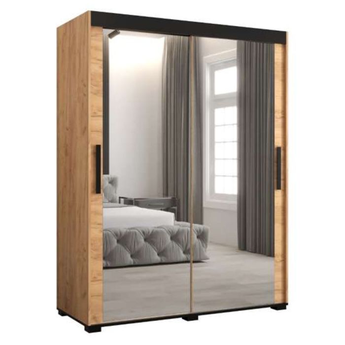 Marston Sliding 2 Door Full Mirror Wardrobe Golden with Black Top - 150cm Width
