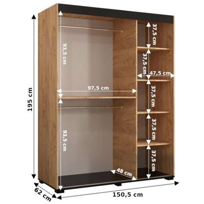 Marston Sliding 2 Door Full Mirror Wardrobe Golden with Black Top - 150cm Width