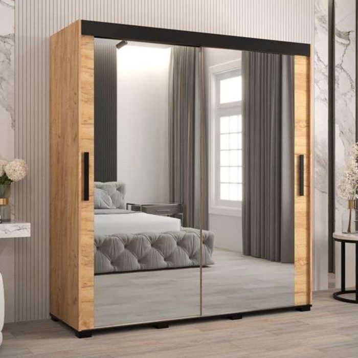 Marston Sliding 2 Door Full Mirror Wardrobe Golden with Black Top - 180cm Width