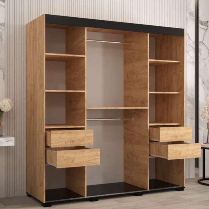 Marston Sliding 2 Door Full Mirror Wardrobe Golden with Black Top - 180cm Width