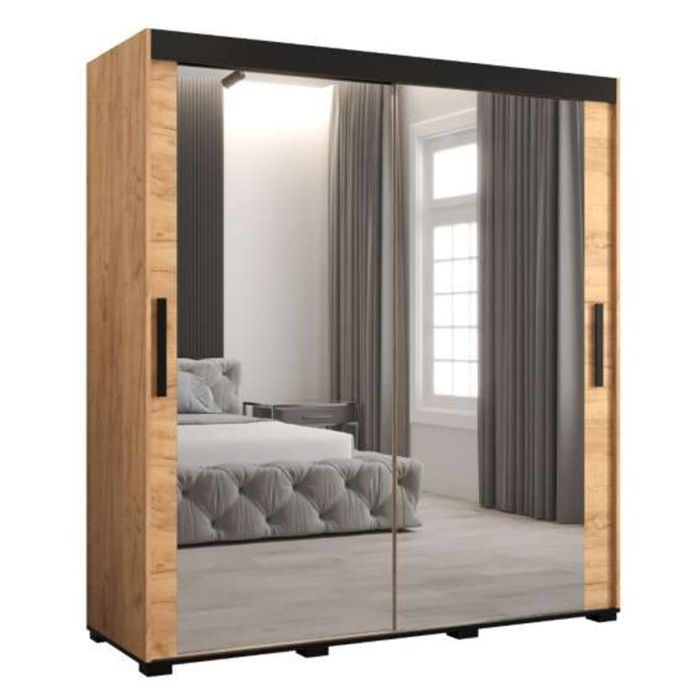 Marston Sliding 2 Door Full Mirror Wardrobe Golden with Black Top - 180cm Width