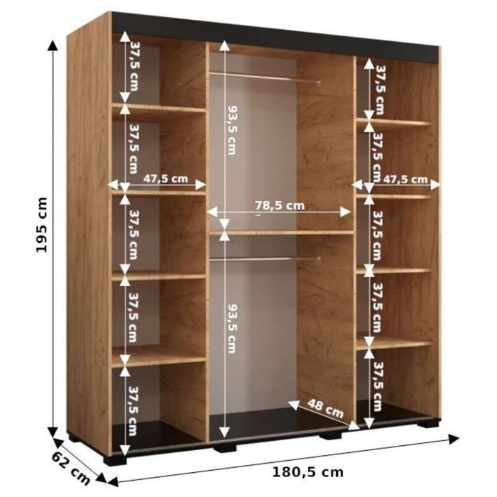Marston Sliding 2 Door Full Mirror Wardrobe Golden with Black Top - 180cm Width